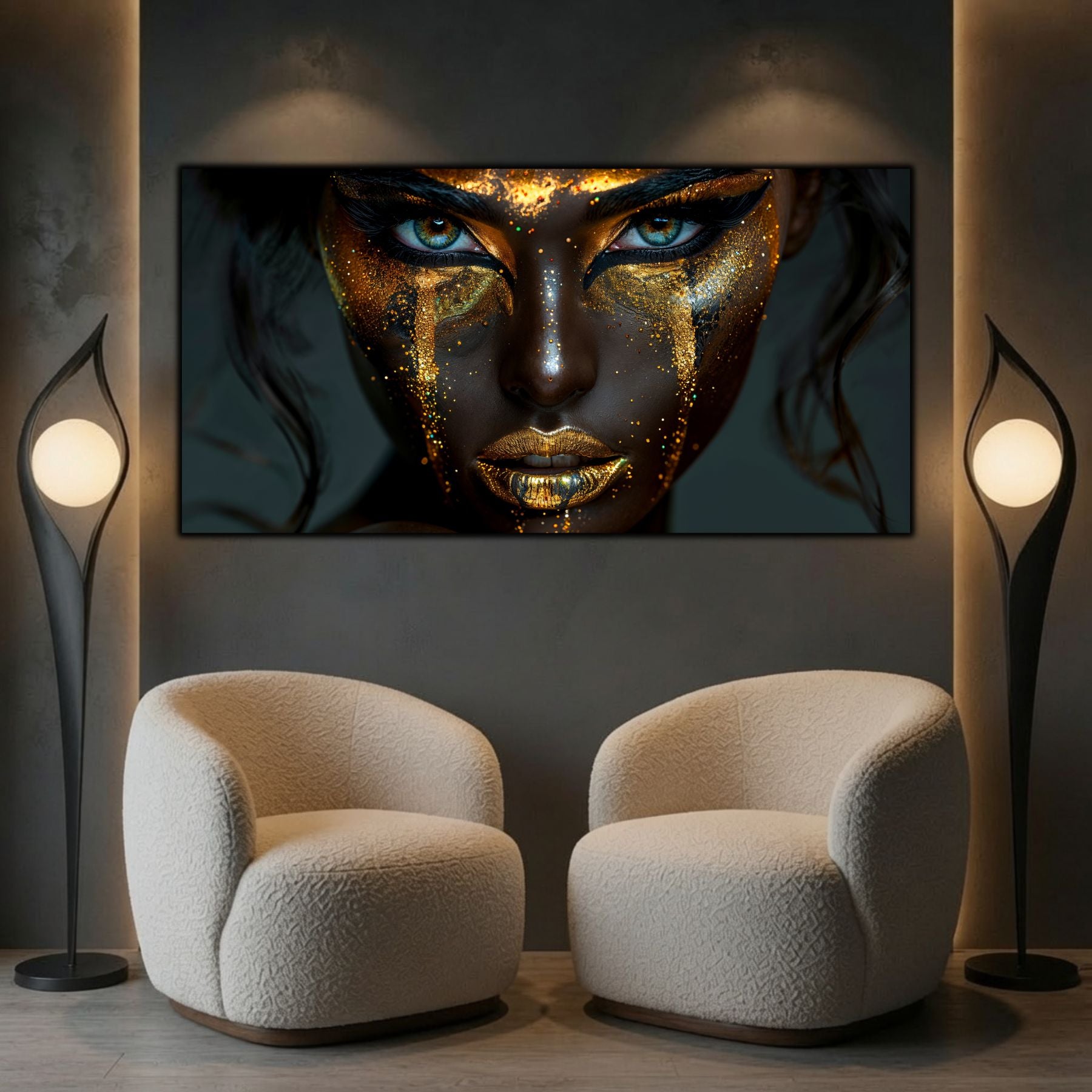 Tablou sufragerie mare Obsidian Gaze sticla securizata, culori golden si dark, atmosfera incarcata de mister, care transforma livingul.