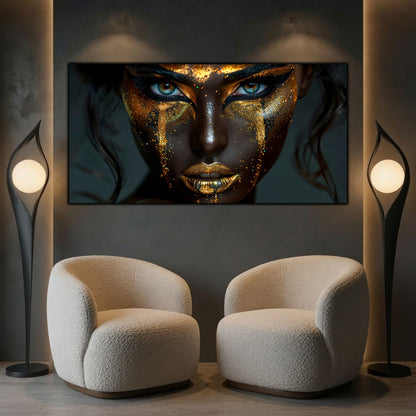 Tablou sufragerie mare Obsidian Gaze sticla securizata, culori golden si dark, atmosfera incarcata de mister, care transforma livingul.
