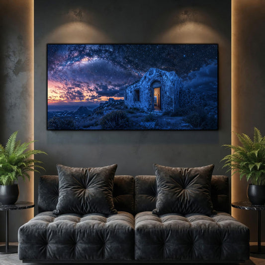 Tablouri Living Sticlă – Violet Threshold, o casă singuratică între stânci și o mare violetă, luminată de zori, artwork pe sticlă securizată