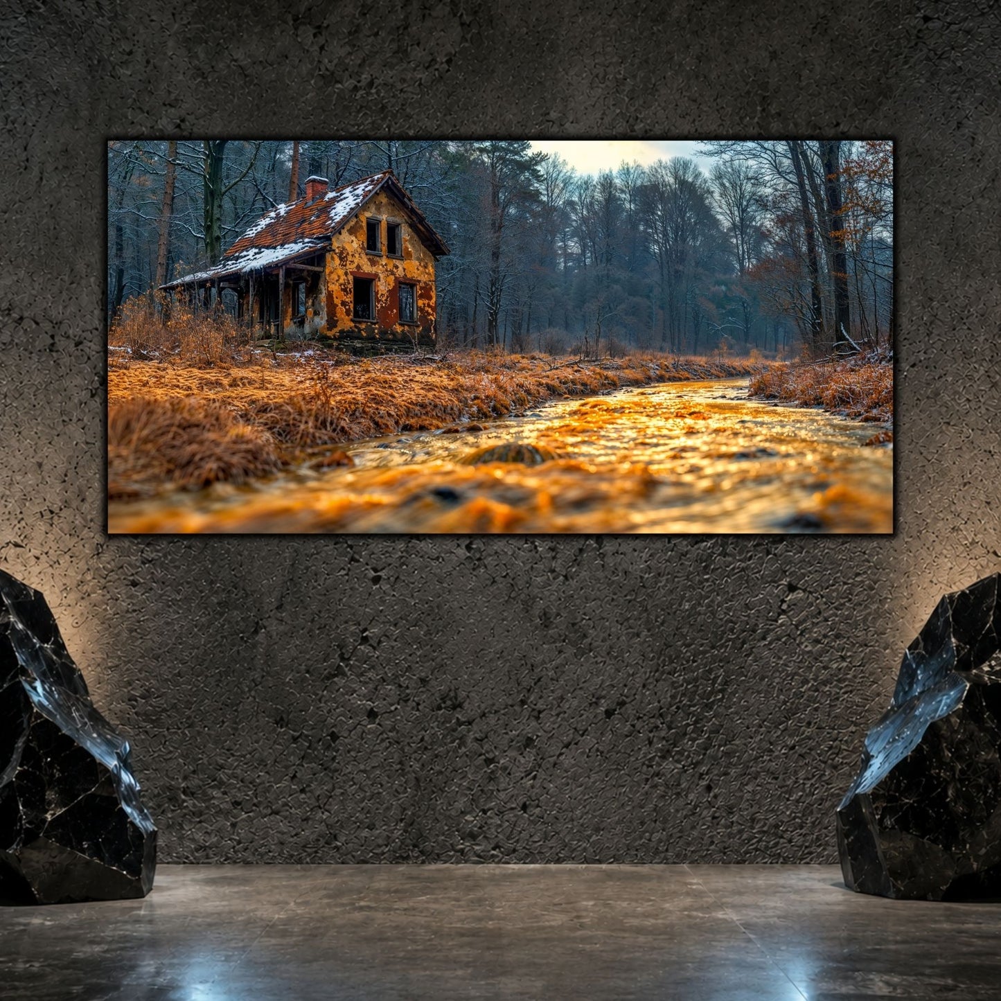 Tablou living elegant „The Empty Chair” pe sticlă securizată – mockup într-un living modern