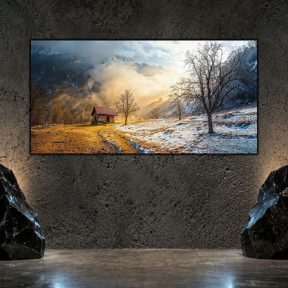Tablou living elegant „The Way Back” pe sticlă securizată – mockup într-un living modern