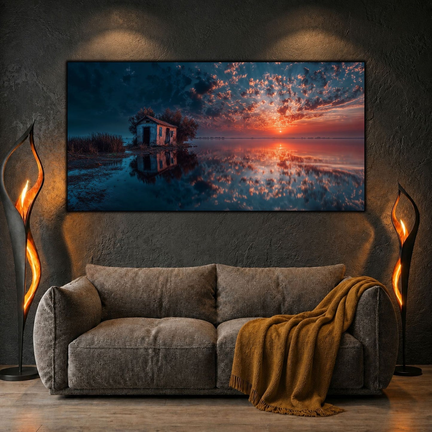 Tablouri Living Sticlă – Shoreline Refuge, o casă izolată, ținută între apa liniștită și ultima lumină portocalie a zilei, artwork pe sticlă securizată