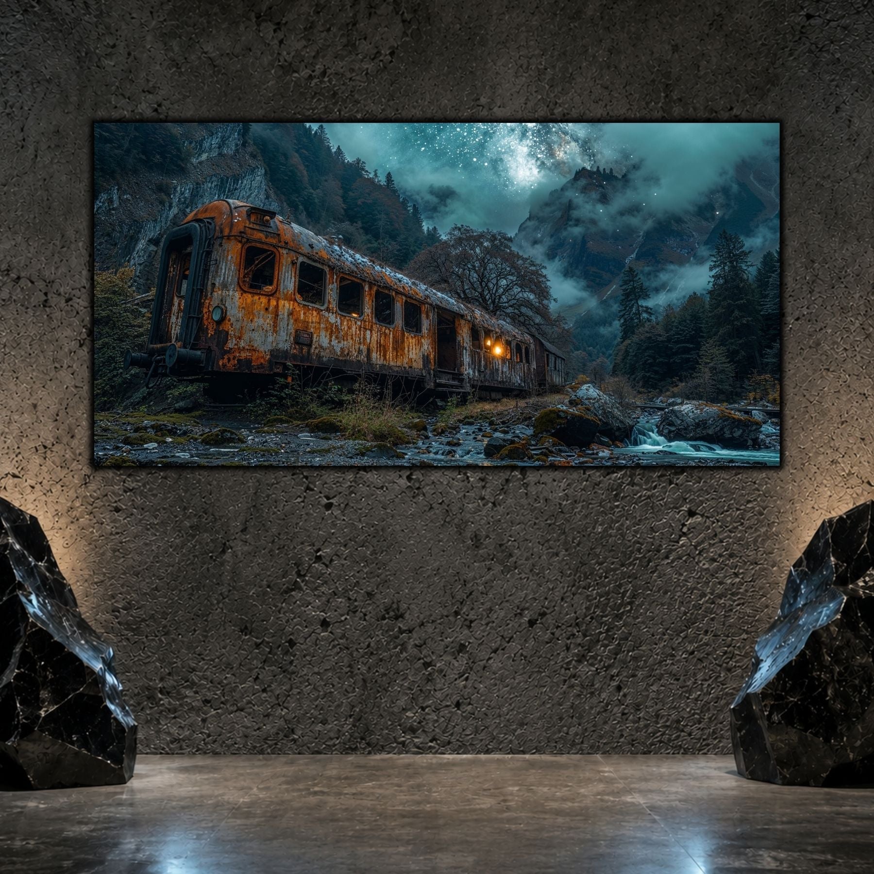 Tablou living elegant „Smoke on Rails” pe sticlă securizată – mockup într-un living modern