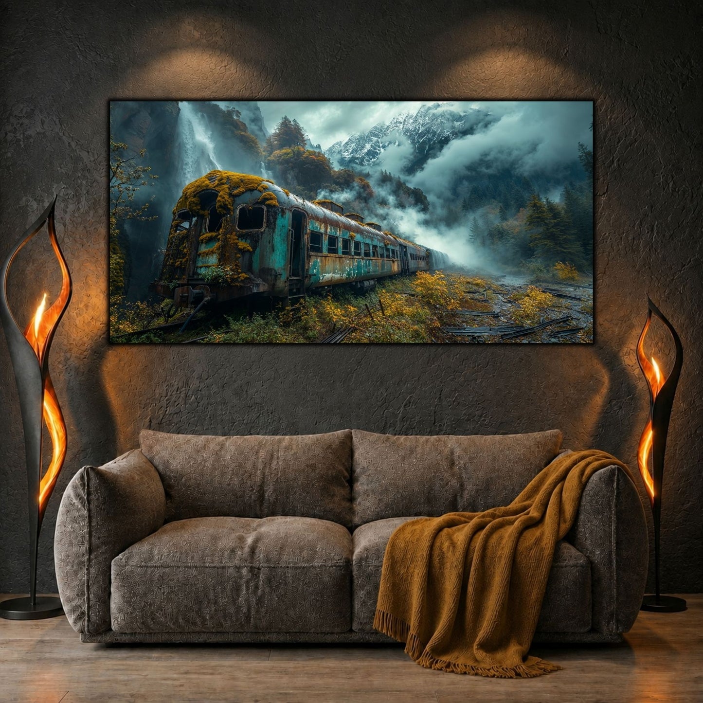 Tablouri moderne sufragerie „The Valley That Kept the Train” pe sticlă securizată – mockup într-un living contemporan