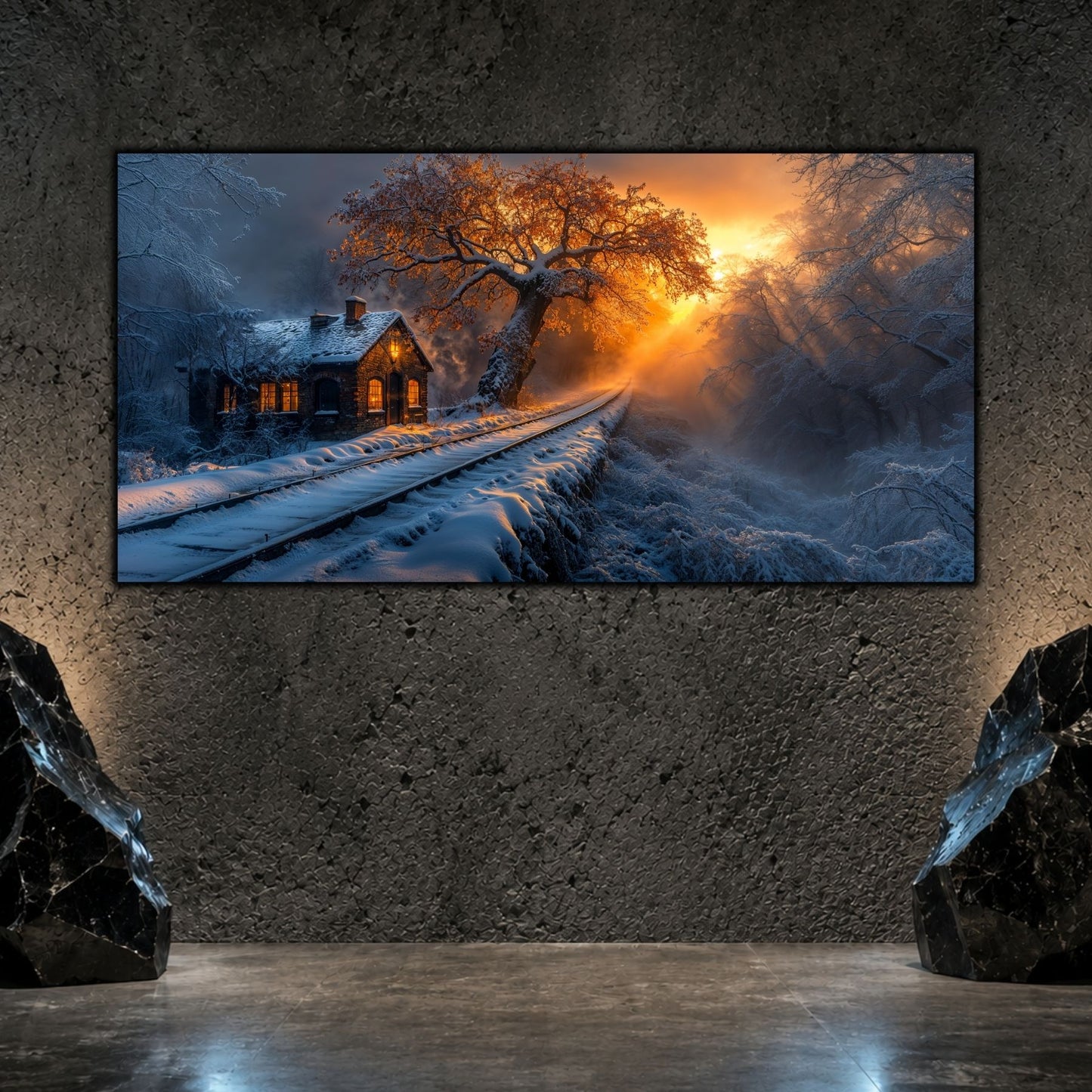 Tablou living elegant , printat uv, cu o cale ferata, o casa iluminata din interior cu lumina alda, si un copac maret scaldat de soarele de iarna la apus.