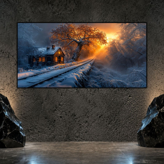 Tablou living elegant , printat uv, cu o cale ferata, o casa iluminata din interior cu lumina alda, si un copac maret scaldat de soarele de iarna la apus.