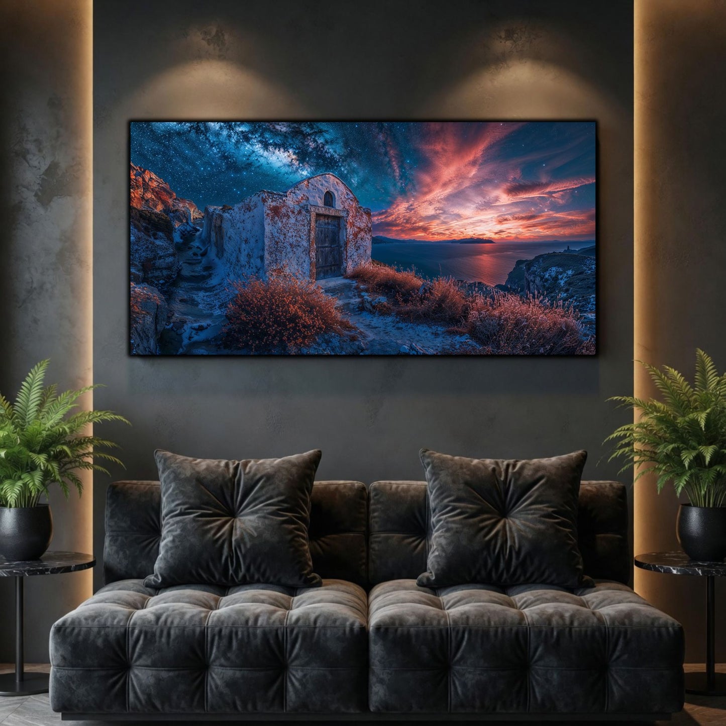 Tablouri Living Sticlă – Between Storms, un adăpost de piatră pe marginea lumii, luminat de o fâșie de cer aprins, artwork pe sticlă securizată