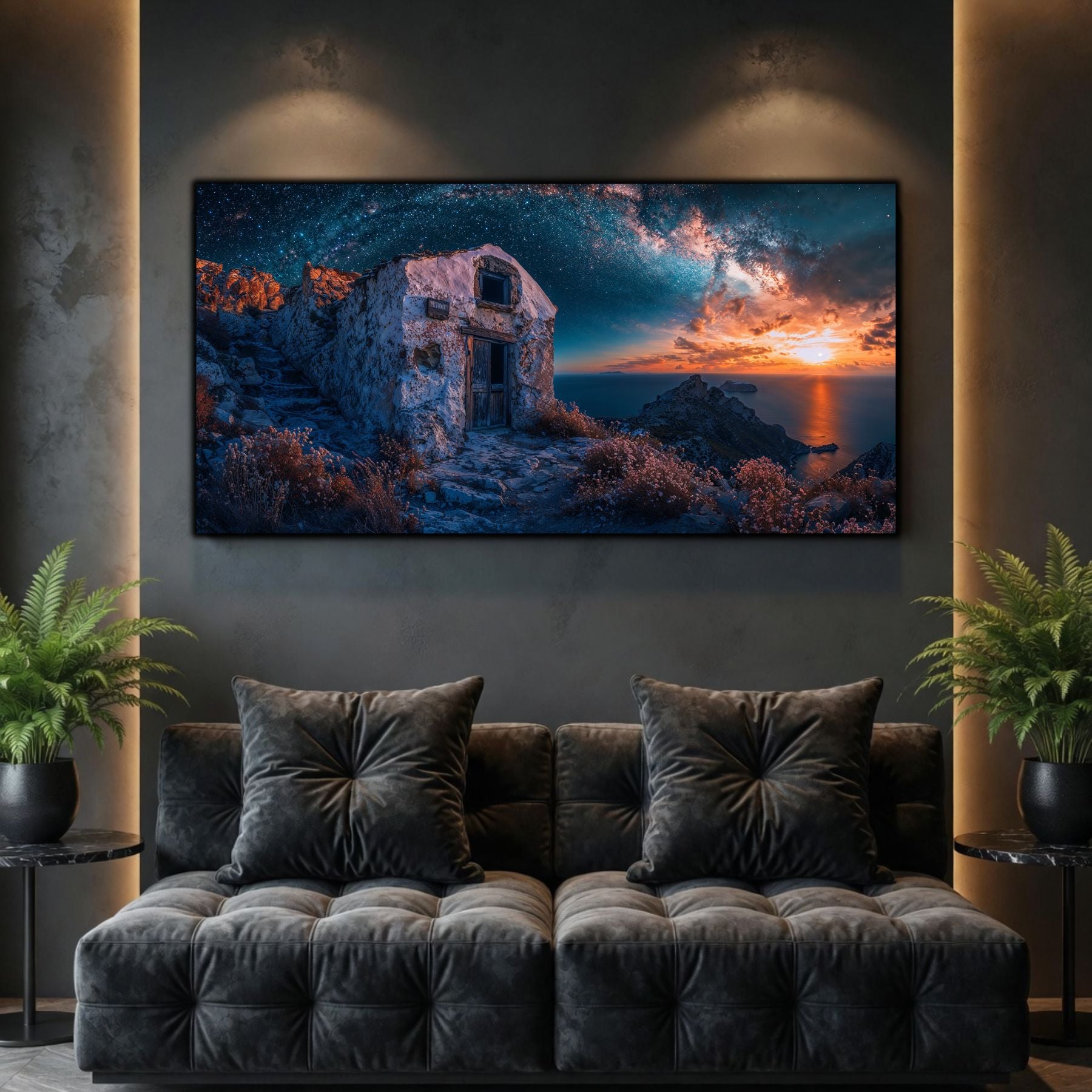 Tablouri Living Sticlă – Where the Storm Opens, o ruină de coastă prinsă între valuri întunecate și o explozie de lumină la apus, artwork pe sticlă securizată
