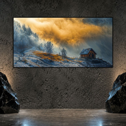 Tablou living elegant „House at the Edge” pe sticlă securizată – mockup într-un living modern