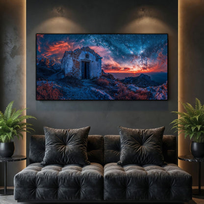Tablouri Living Sticlă – The House Beneath Stars, o casă albă sub o dâră de stele și un apus stins în violet și roșu, artwork pe sticlă securizată