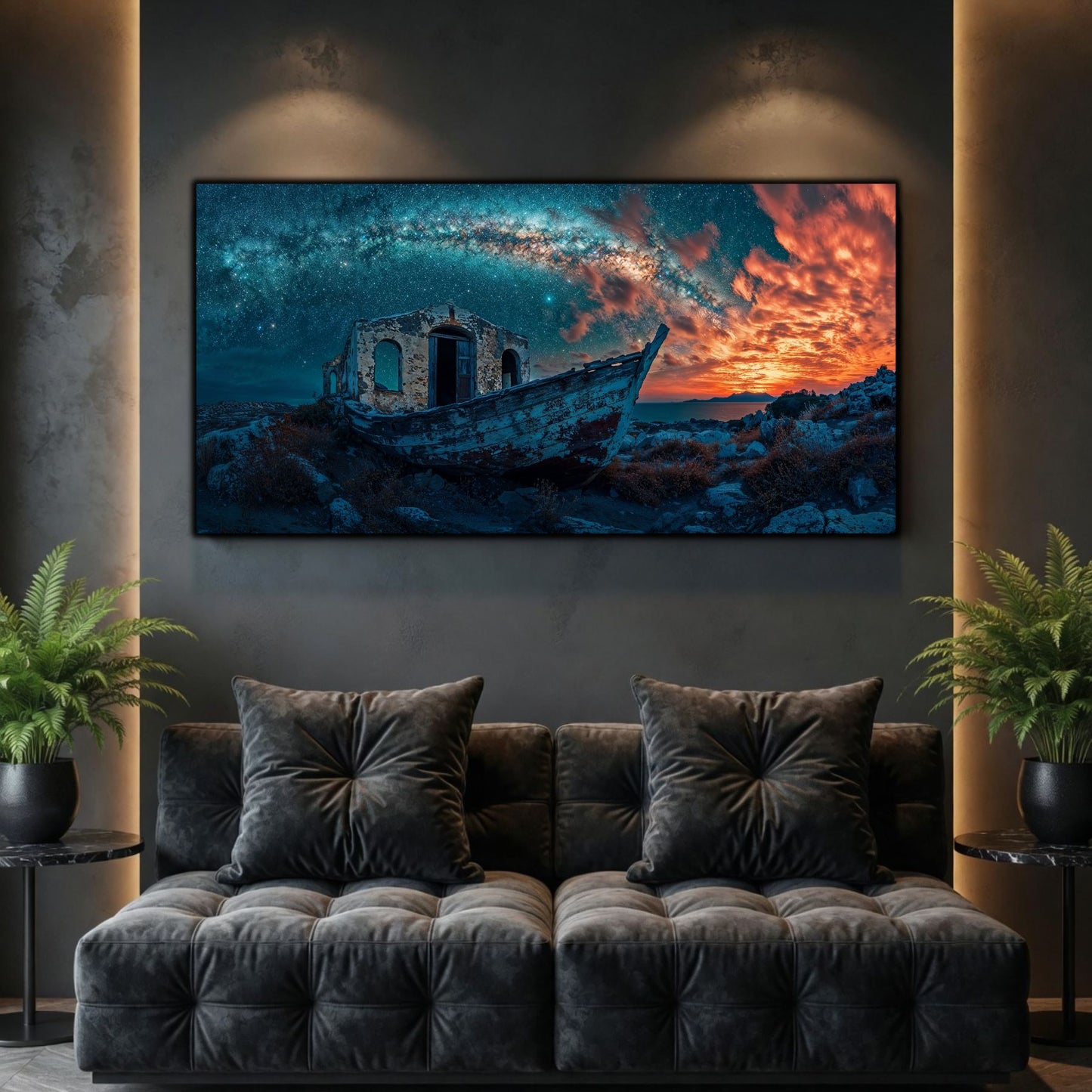 Tablouri Living Sticlă – The Quiet Relic, o capelă ruinată între umbre albastre și flăcări de lumină de la orizont, artwork pe sticlă securizată