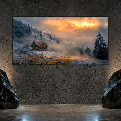 Tablou living elegant „The Long Thaw” pe sticlă securizată – mockup într-un living modern