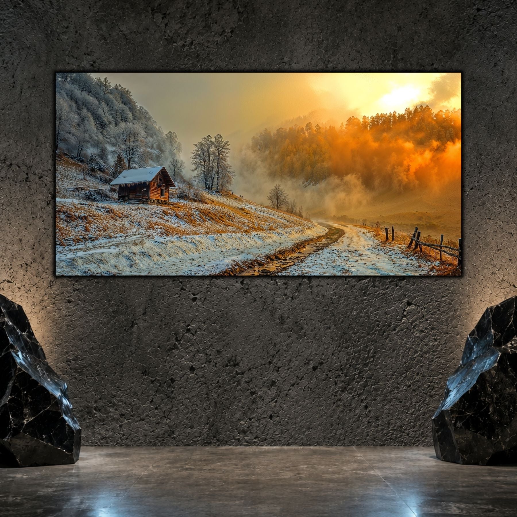 Tablou living elegant „Road Through Silence” pe sticlă securizată – mockup într-un living modern