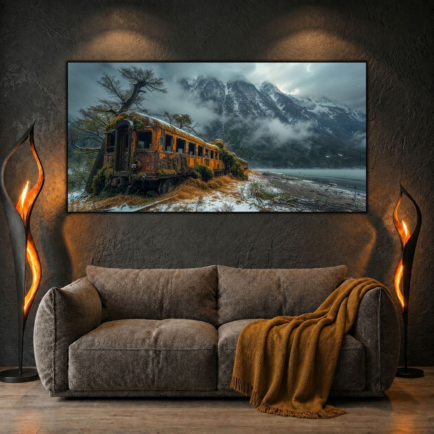 Tablouri moderne sufragerie „The Lake That Waited” pe sticlă securizată – mockup într-un living contemporan