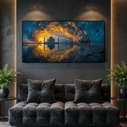 Tablouri Living Sticlă – The Gate of Reflection, o poartă monumentală, cu ramuri aurii și apă care multiplică lumina, artwork pe sticlă securizată