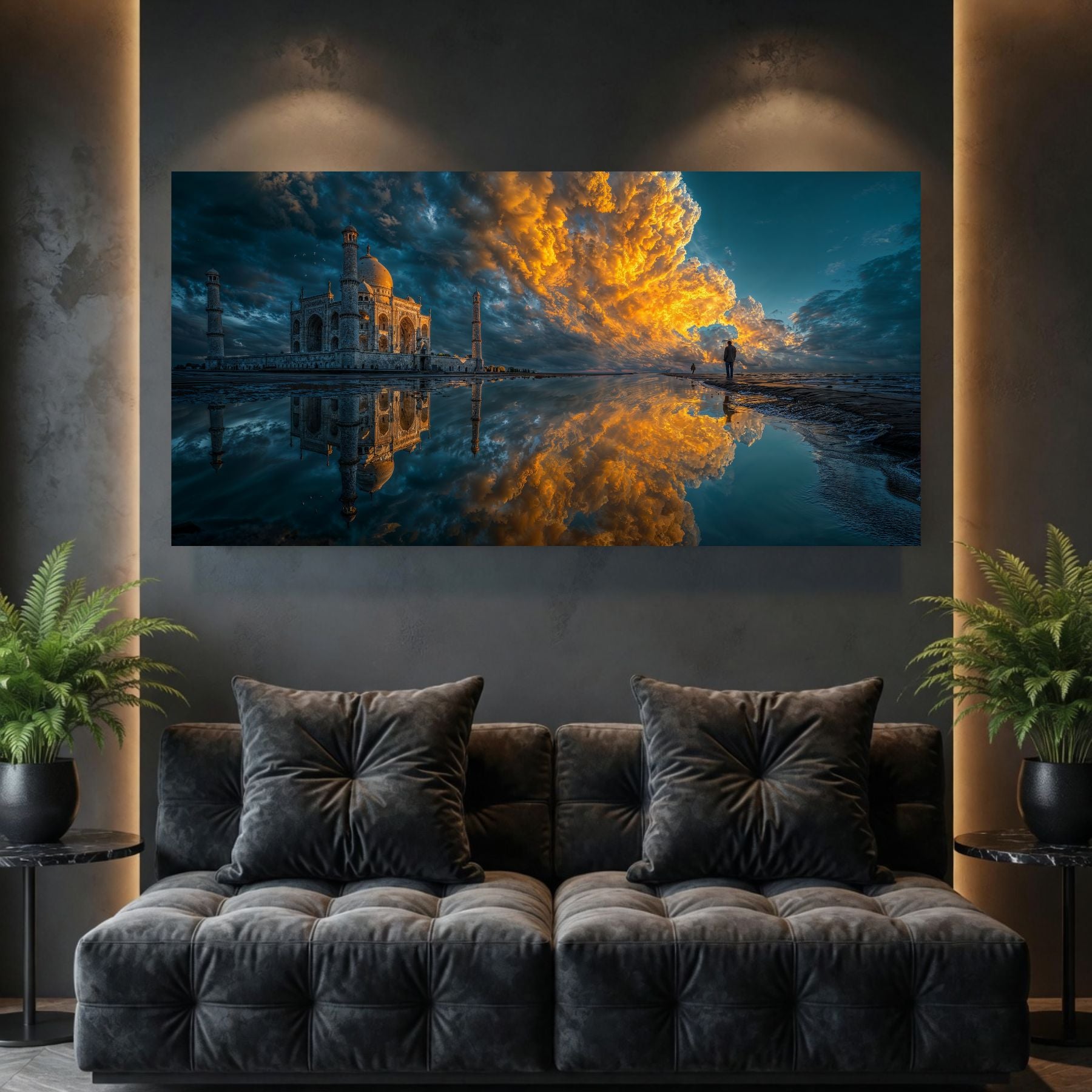 Tablouri Living Sticlă – The Gilded Shore, o clădire liniștită pe mal, prinsă în reflexia unui arbore de aur, artwork pe sticlă securizată