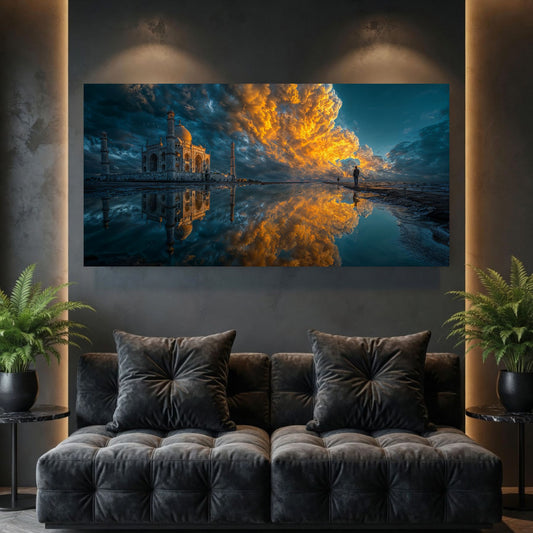 Tablouri Living Sticlă – The Gilded Shore, o clădire liniștită pe mal, prinsă în reflexia unui arbore de aur, artwork pe sticlă securizată