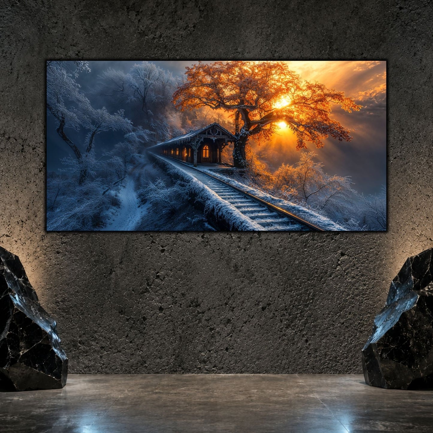 Tablou living elegant „Track to Home” pe sticlă securizată – mockup într-un living modern