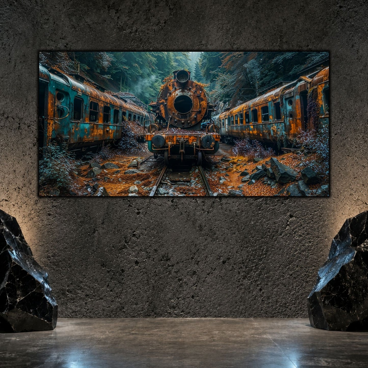 Tablou living elegant „The Silent Engine” pe sticlă securizată – mockup într-un living modern