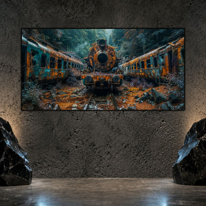 Tablou living elegant „The Silent Engine” pe sticlă securizată – mockup într-un living modern