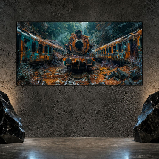 Tablou living elegant „The Silent Engine” pe sticlă securizată – mockup într-un living modern