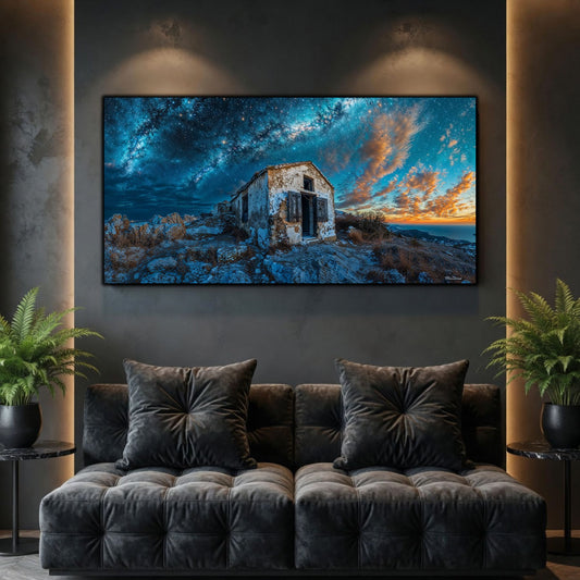 Tablouri Living Sticlă – The Weathered Shelter, o locuință mică, erodată de vânt, în lumina rece și aurie de după furtună, artwork pe sticlă securizată