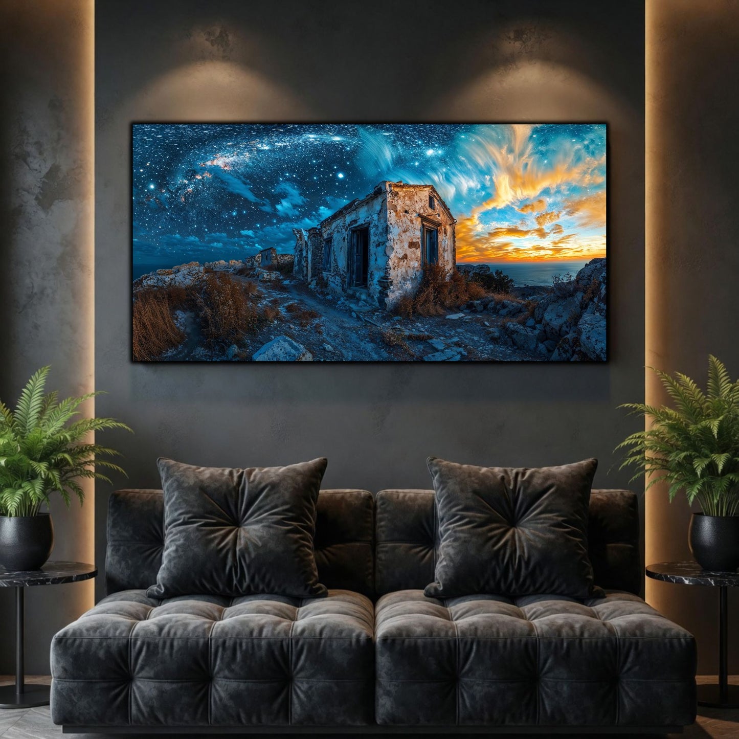 Tablouri Living Sticlă – After the Storm, o construcție veche deschisă către un cer curățat de ploaie și lumină, artwork pe sticlă securizată