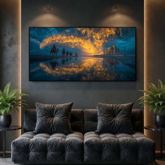 Tablouri Living Sticlă – The Gilded Passage, o poartă sau siluetă de oraș înconjurată de ramuri aurii și reflexe albastre, artwork pe sticlă securizată