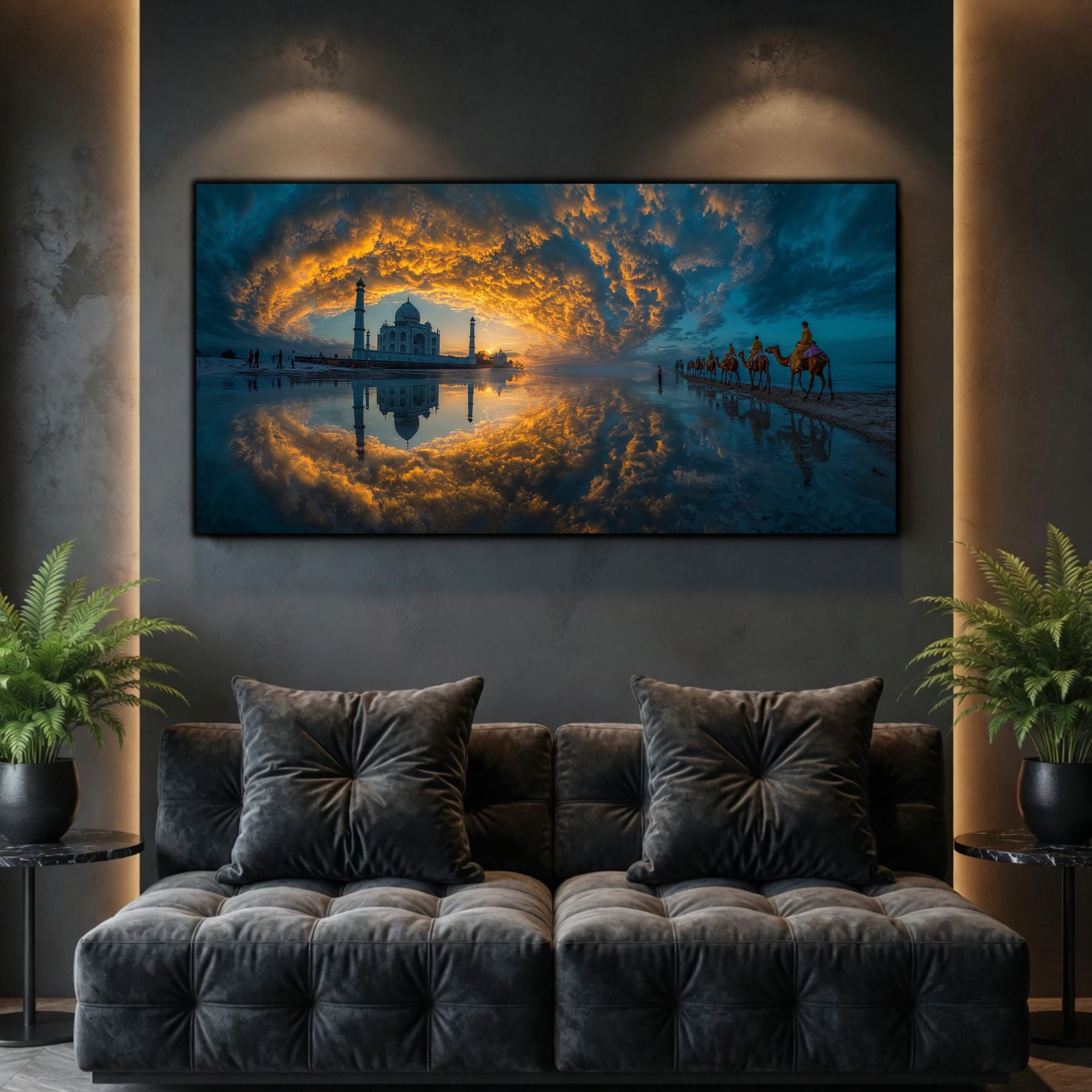 Tablouri Living Sticlă – Palace in the Water, un palat sau templu izolat, dublat de reflexia lui într-un lac întunecat, artwork pe sticlă securizată