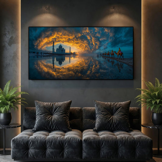 Tablouri Living Sticlă – Palace in the Water, un palat sau templu izolat, dublat de reflexia lui într-un lac întunecat, artwork pe sticlă securizată
