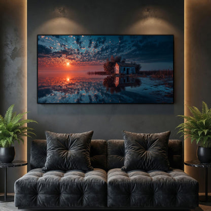 Tablouri Living Sticlă – House at Waterline, o casă mică, oglindită în apa calmă, în fața unui soare care coboară, artwork pe sticlă securizată