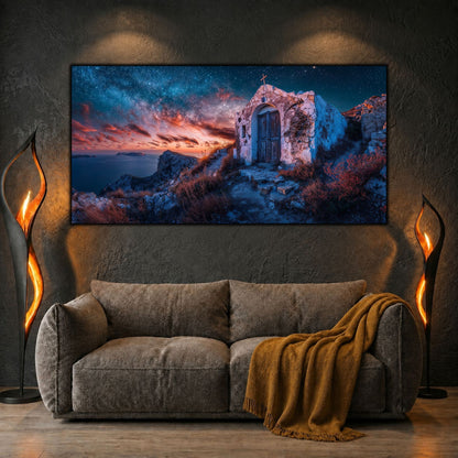 Tablouri Living Sticlă – The Gate Beyond, un arc vechi deschis spre orizont, cu nori electrici și pământ roșiatic, artwork pe sticlă securizată