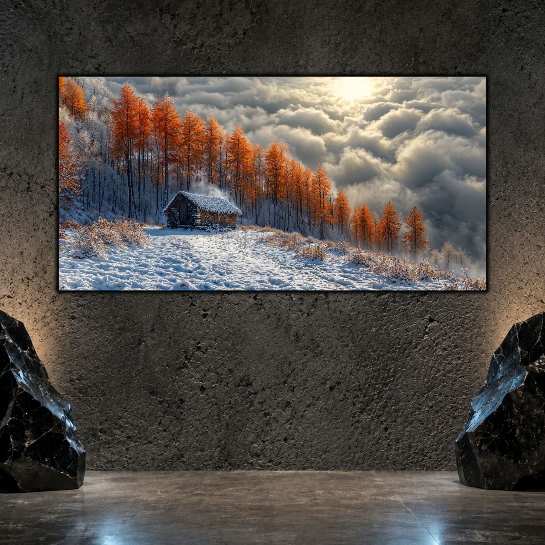 Tablou living elegant „After the Snowfall” pe sticlă securizată – mockup într-un living modern