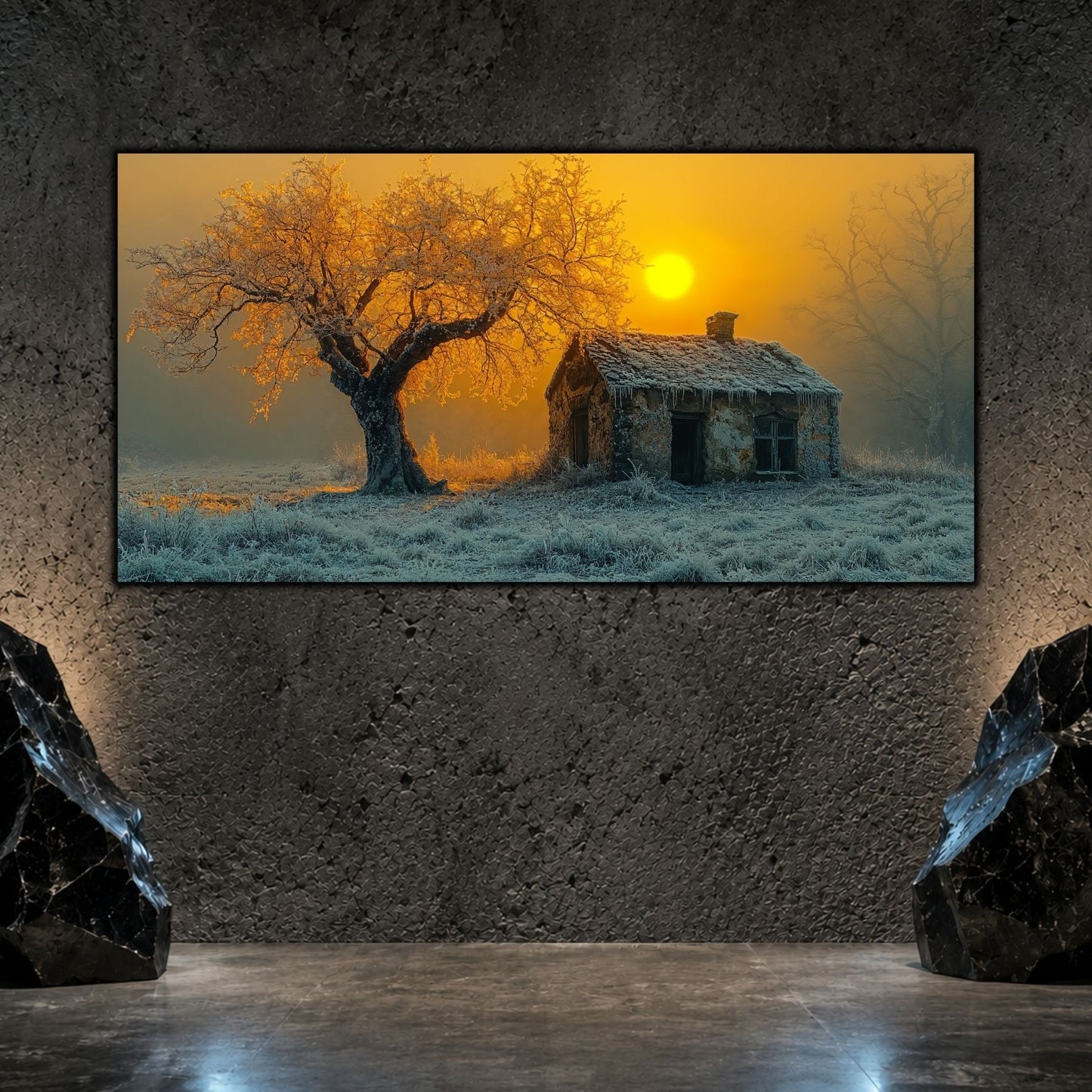 Tablou living elegant „House Beneath the Sun” pe sticlă securizată – mockup într-un living modern