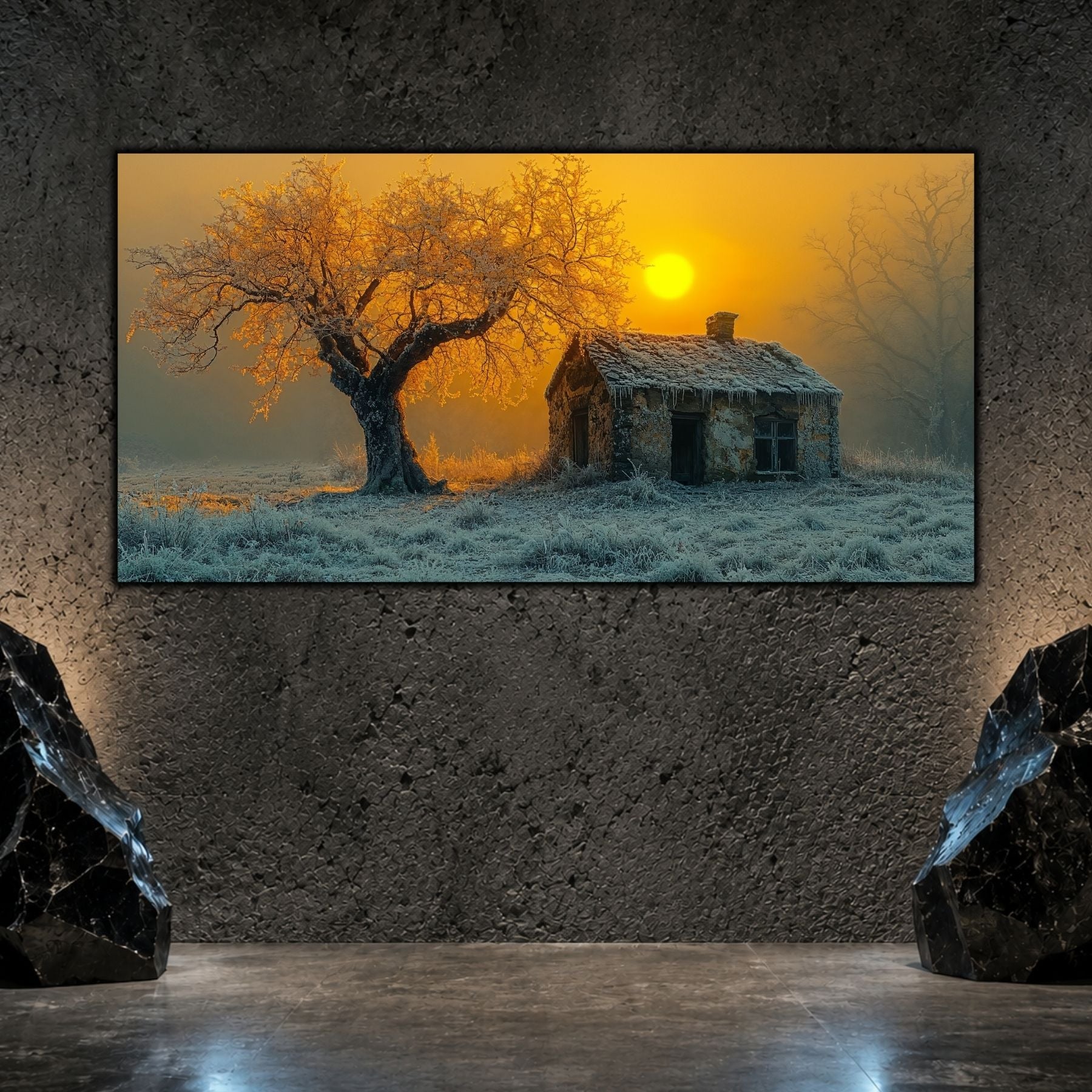Tablou living elegant „House Beneath the Sun” pe sticlă securizată – mockup într-un living modern