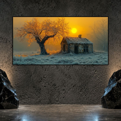 Tablou living elegant „House Beneath the Sun” pe sticlă securizată – mockup într-un living modern