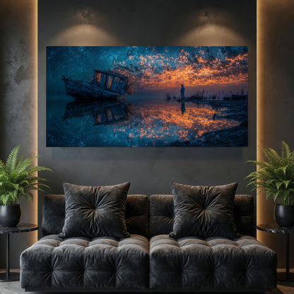 Tablouri Living Sticlă – The Abandoned Vessel, o barcă veche și o siluetă de coastă, păstrate într-o lumină de cupru, artwork pe sticlă securizată