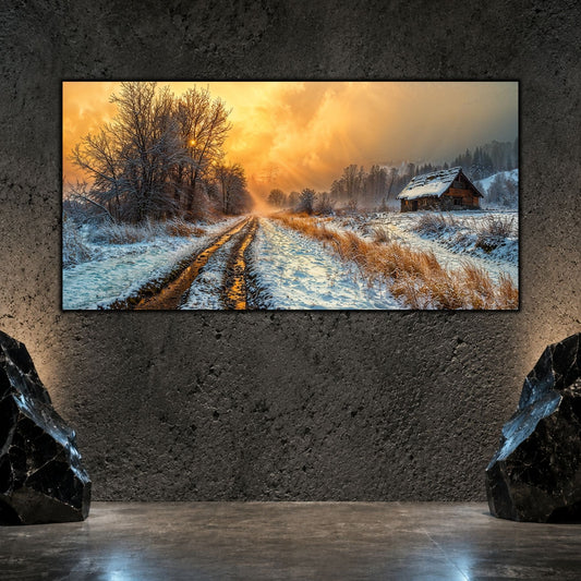 Tablou living elegant „The Road Remembers” pe sticlă securizată – mockup într-un living modern