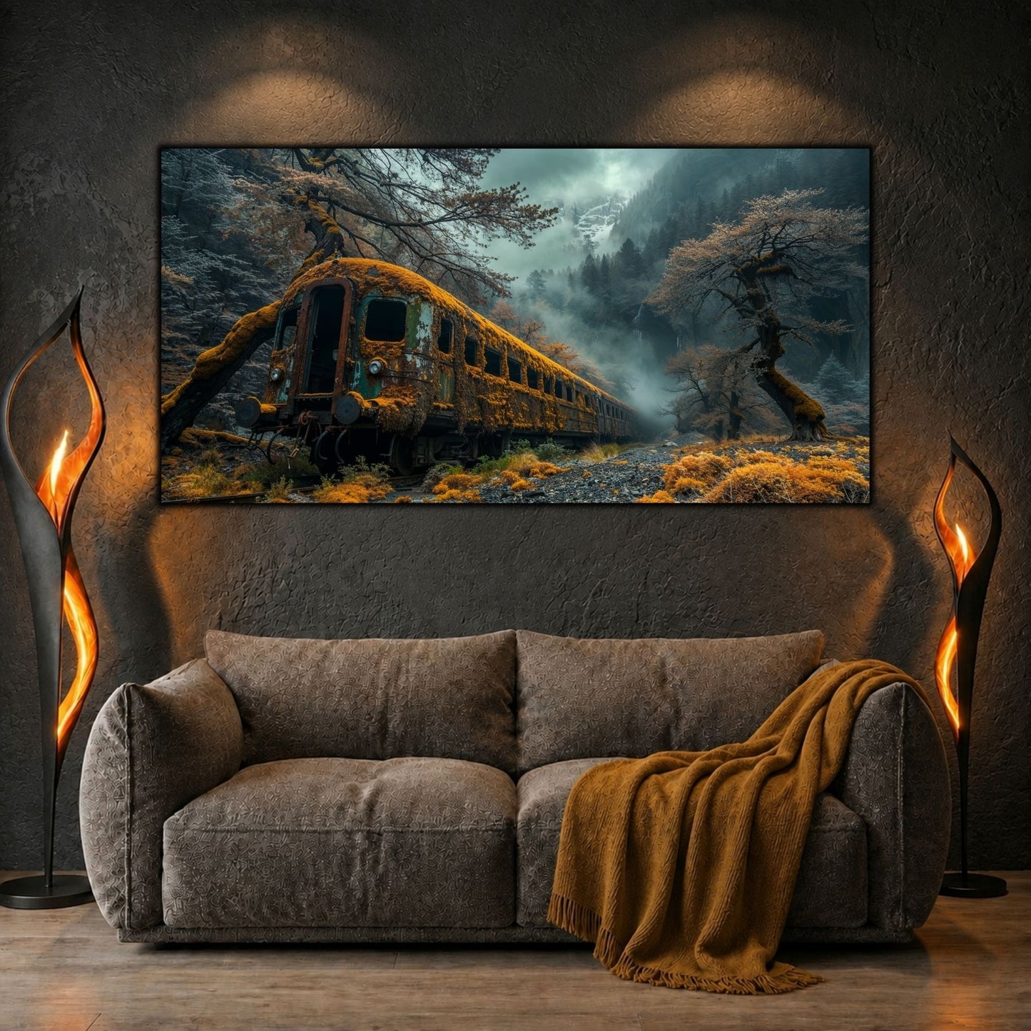 Tablouri moderne sufragerie „The Orchard Line” pe sticlă securizată – mockup într-un living contemporan