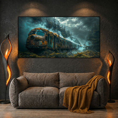 Tablouri moderne sufragerie „The Engine Under Moss” pe sticlă securizată – mockup într-un living contemporan