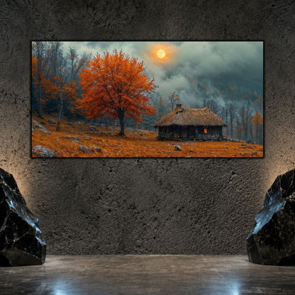 Tablou living elegant „An Old Light” pe sticlă securizată – mockup într-un living modern