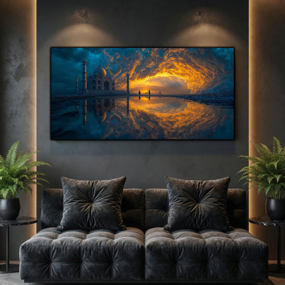 Tablouri Living Sticlă – The Far Horizon, un oraș de piatră și o deschidere de lumină aurie, oglindite în apă, artwork pe sticlă securizată