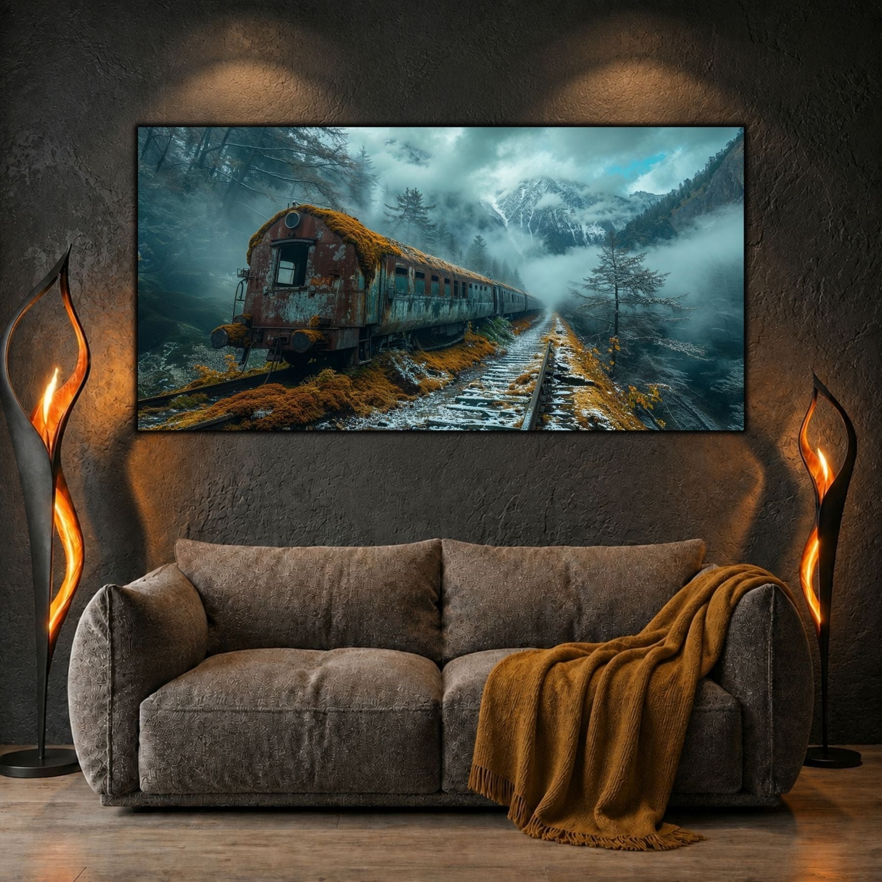 Tablouri moderne sufragerie „The Carriage in the Mist” pe sticlă securizată – mockup într-un living contemporan
