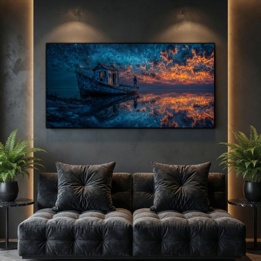 Tablouri Living Sticlă – The Boat That Waited, o barcă părăsită în fața unei construcții de coastă și a unui cer de foc, artwork pe sticlă securizată