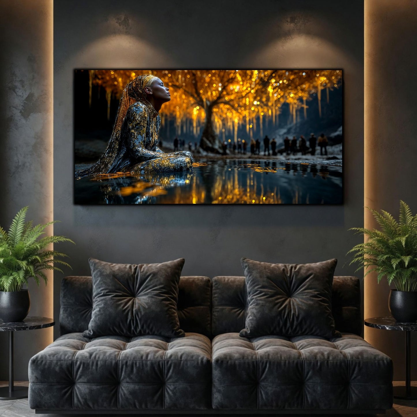 Tablouri Living Sticlă – The Watcher Beneath Gold, o figură contemplativă sub un copac luminos, lângă apă și umbre adânci, artwork pe sticlă securizată