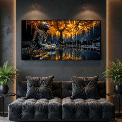 Tablouri Living Sticlă – The Watcher Beneath Gold, o figură contemplativă sub un copac luminos, lângă apă și umbre adânci, artwork pe sticlă securizată
