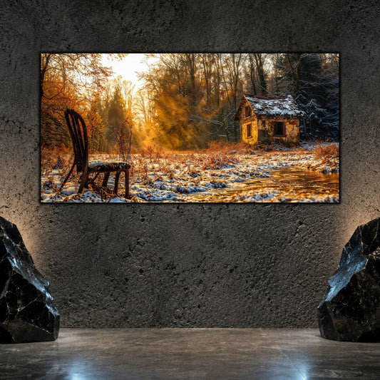 Tablou living elegant „The Abandoned Chair” pe sticlă securizată – mockup într-un living modern