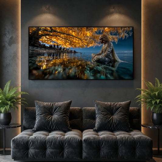Tablouri Living Sticlă – The Keeper of Autumn, o prezență tăcută sub coroana unui arbore auriu, lângă apă, artwork pe sticlă securizată