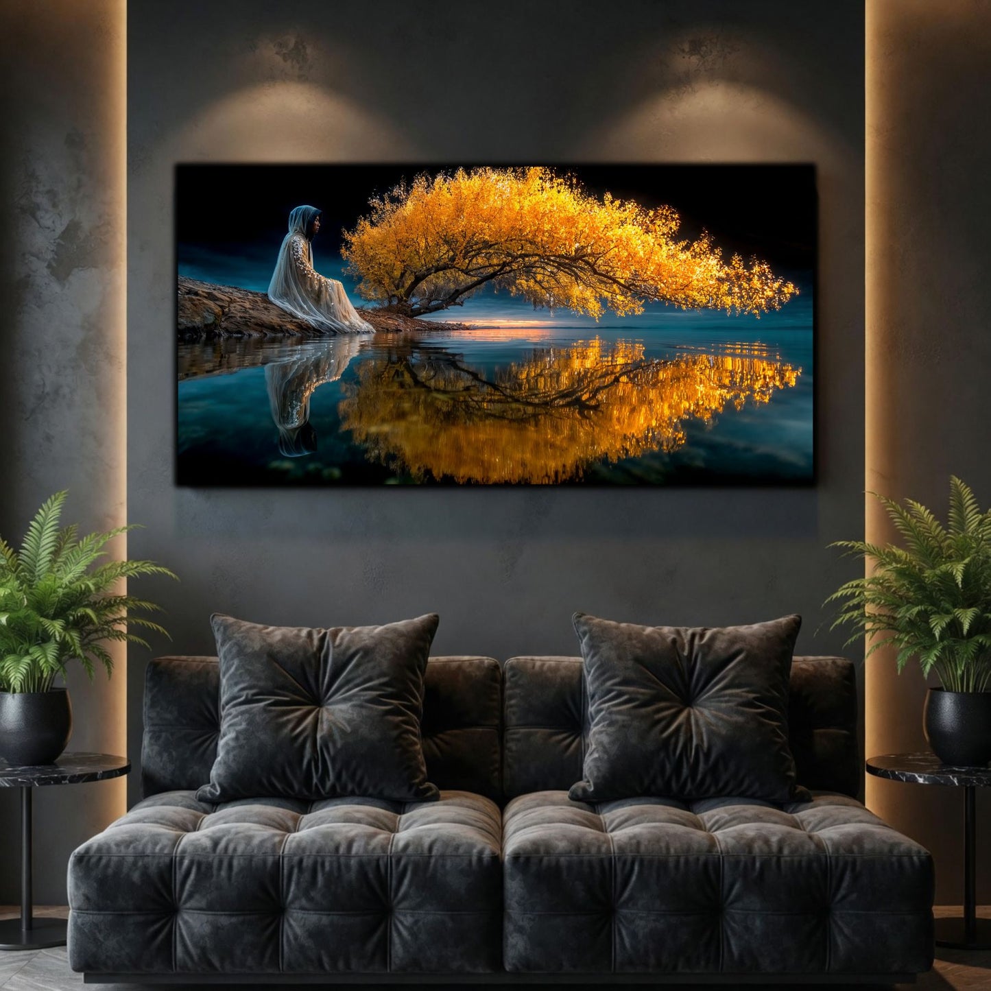 Tablouri Living Sticlă – The Tree That Remembers, o figură solitară lângă un copac auriu, dublat perfect în apă, artwork pe sticlă securizată