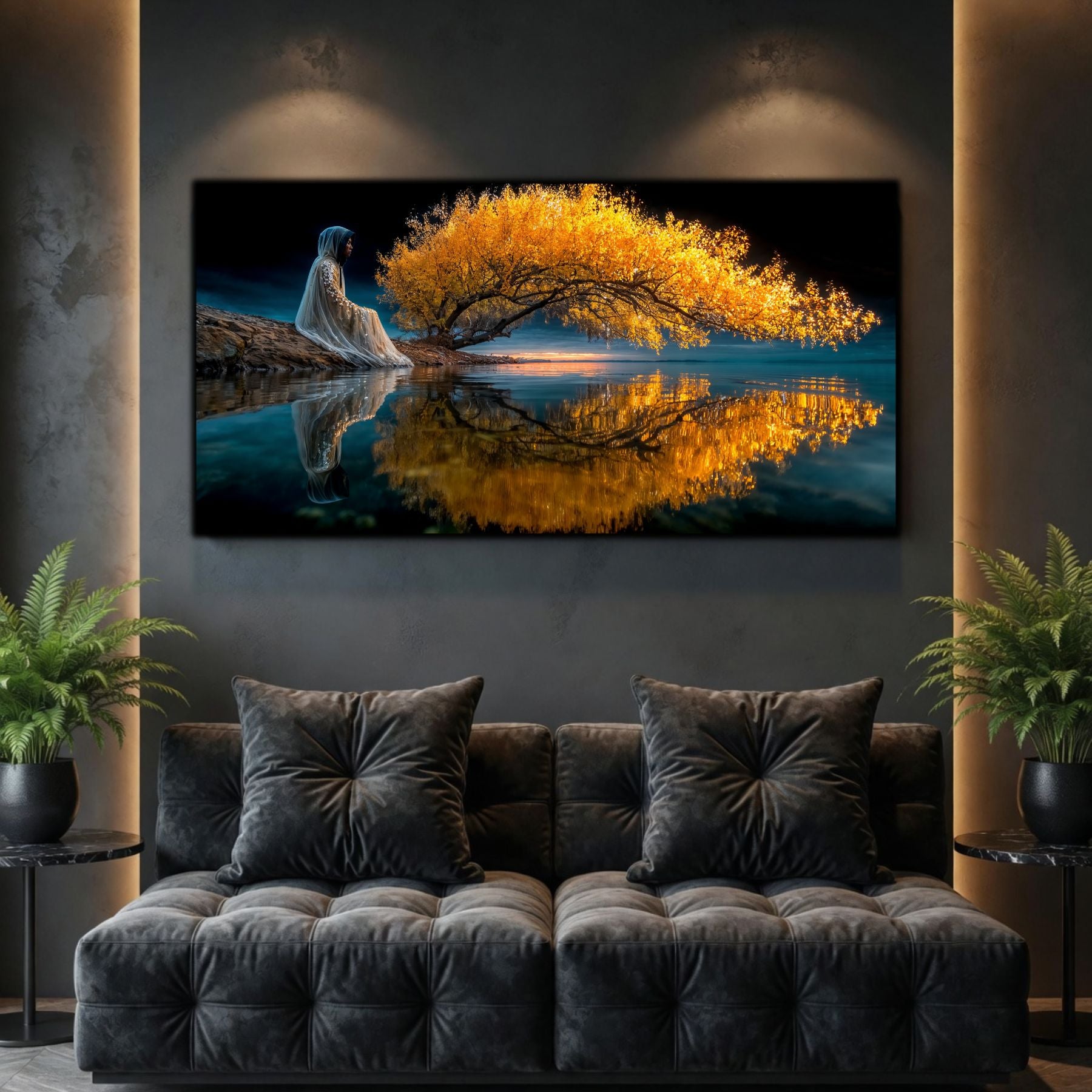 Tablouri Living Sticlă – The Tree That Remembers, o figură solitară lângă un copac auriu, dublat perfect în apă, artwork pe sticlă securizată